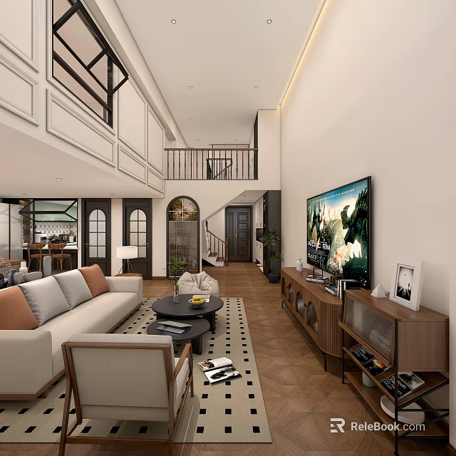 Charming Vintage Open Plan Living And Dining Room With Warm Wooden Floor And Comfortable Sofas 3d model 
