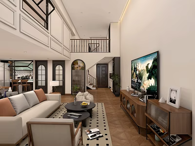 Charming Vintage Open Plan Living And Dining Room With Warm Wooden Floor And Comfortable Sofas 3d model