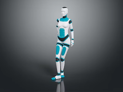 Humanoid Robot With White And Blue Mechanical Body In Standing Pose 3d model