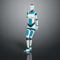 Humanoid Robot With White And Blue Mechanical Body In Standing Pose