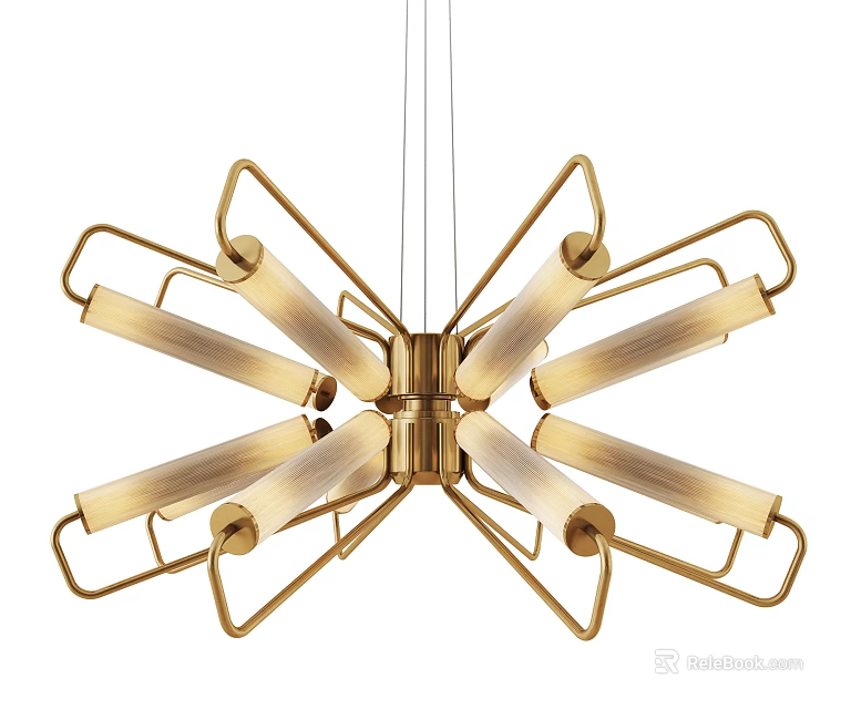 Golden Radiant Chandelier With Metal Frame And Long Cylindrical Shades 3d model 