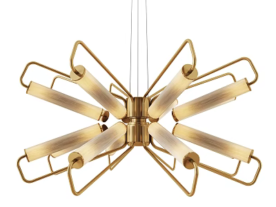 Golden Radiant Chandelier With Metal Frame And Long Cylindrical Shades 3d model