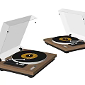 Two Vintage Turntable Audio Systems with Transparent Dust Covers Wooden Base and Yellow Vinyl Labels