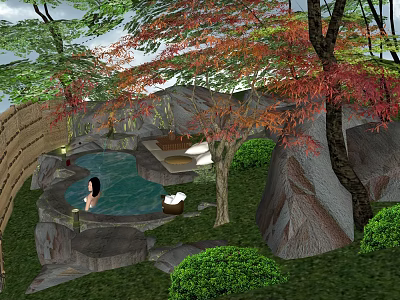 Japanese Onsen Hot Spring Pool With Rocks And Red Leaf Trees 3d model