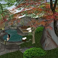 Japanese Onsen Hot Spring Pool With Rocks And Red Leaf Trees