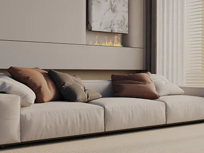 Light Beige Three Seater Sofa with Plush Pillows Marble Wall Art Fireplace and Window Blinds 3d model