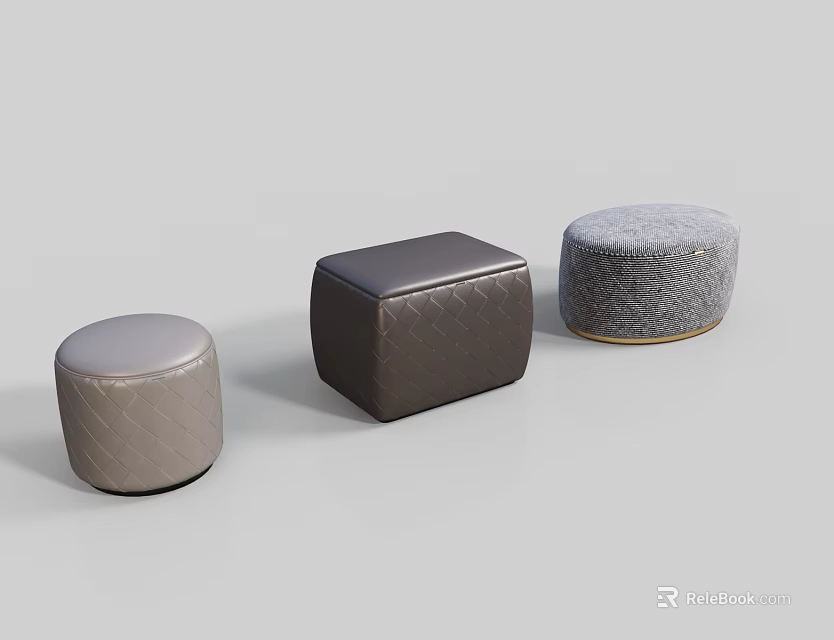 Three Stylish Ottomans with Quilted Leather and Fabric in Round and Square Shapes 3d model 
