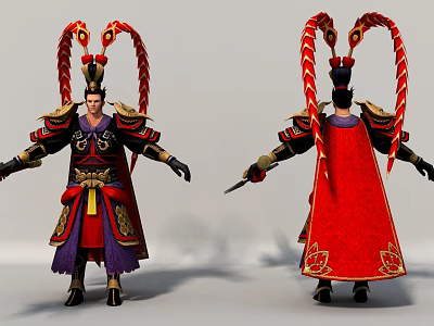 Ancient Game Movie Character In Red Purple Robe With Ornate Headpiece And Dagger 3d model