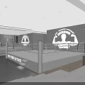 Modern Indoor Boxing Ring With White Rails Gray Floor And Wall Logo Lighting
