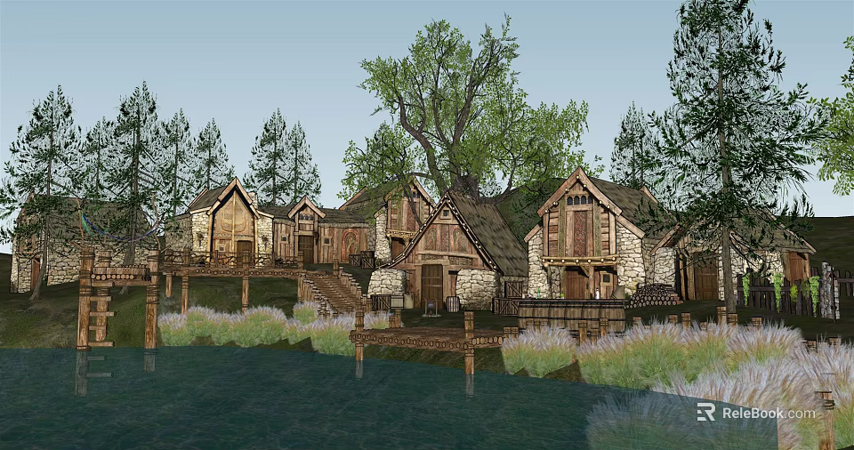 Rustic Wooden Cottage Buildings with Waterfront View and Lush Trees in Natural Setting 3d model 
