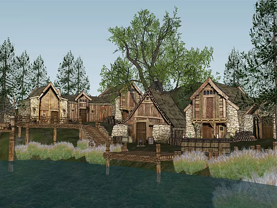 Rustic Wooden Cottage Buildings with Waterfront View and Lush Trees in Natural Setting 3d model