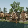 Rustic Wooden Cottage Buildings with Waterfront View and Lush Trees in Natural Setting