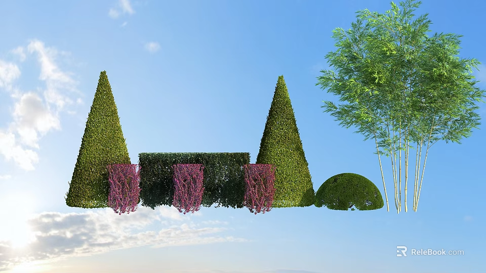 Green Conical Rectangular And Round Bushes With Purple Flowers In Garden Landscape 3d model 