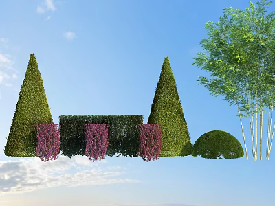 Green Conical Rectangular And Round Bushes With Purple Flowers In Garden Landscape 3d model