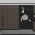 Modern Wooden Storage Cabinetry With Open Shelves Round Mirror And Decorative Items