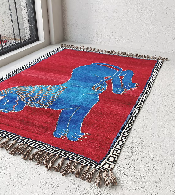 Red Square Rug With Blue Lion Pattern Fringes And Geometric Border 3d model 