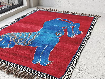 Red Square Rug With Blue Lion Pattern Fringes And Geometric Border 3d model