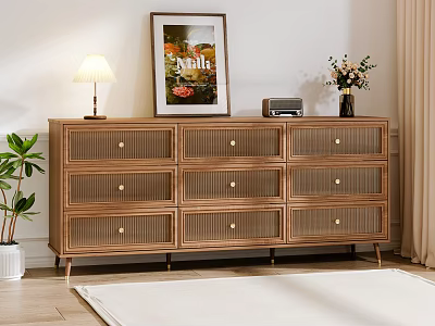 Modern Wooden Chest of Drawers With Rattan Panel Drawers And Potted Plant Table Lamp Framed Artwork 3d model