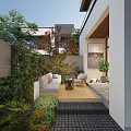Modern Courtyard Garden Landscape With Wooden Deck Outdoor Sofa Chair And Lush Green Plants