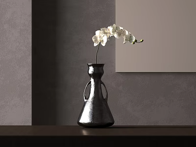 Silver Gray Vase With White Orchid On Dark Table Against Gray Wall And Light Frame 3d model