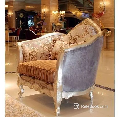 Luxury Ornate Single Sofa With Carved Gold Frame And Floral Pattern Upholstery 3d model 