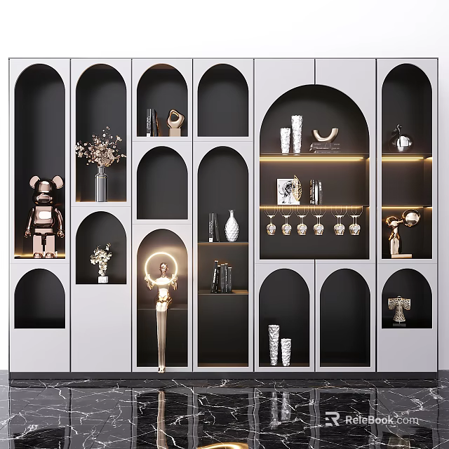 Modern Decorative Cabinet With Arch And Rectangular Compartments For Ornaments And LED Lighting 3d model