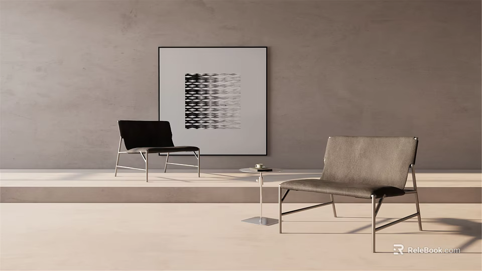 Modern Black And Gray Accent Chairs With Abstract Artwork On Gray Wall And Small Table 3d model 