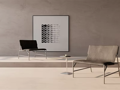 Modern Black And Gray Accent Chairs With Abstract Artwork On Gray Wall And Small Table 3d model