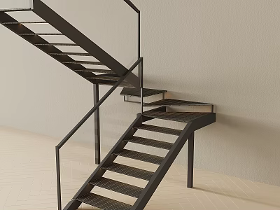 Modern Metal Staircase With Black Railing And Open Treads In Minimalist Interior 3d model