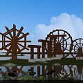 Natural Garden Ornaments Featuring Wooden Waterwheels Pond Lotus Leaves and Flowers Blue Sky White Clouds