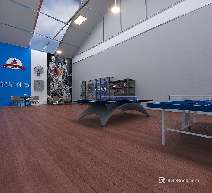 Ping Pong Room Interior With Blue Walls Mural Bookshelves Tables Chairs And Wooden Flooring 3d model 