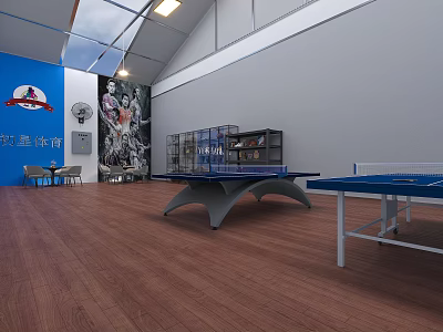 Ping Pong Room Interior With Blue Walls Mural Bookshelves Tables Chairs And Wooden Flooring 3d model