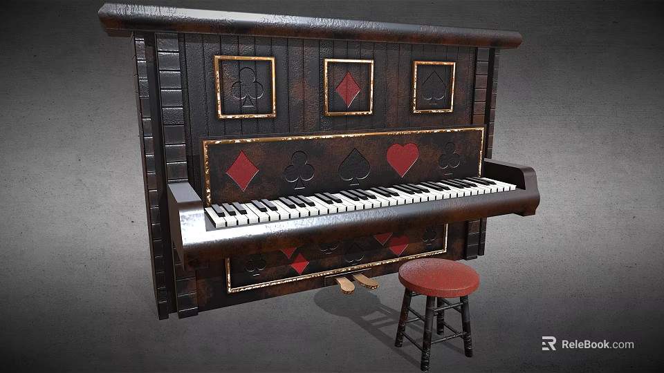 Vintage Wooden Piano With Playing Card Symbols Decor And Red Matching Stool 3d model 