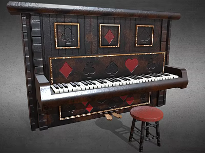 Vintage Wooden Piano With Playing Card Symbols Decor And Red Matching Stool 3d model