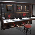 Vintage Wooden Piano With Playing Card Symbols Decor And Red Matching Stool
