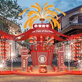 Chinese New Year Check in Desk Setup with Lion Dance Lanterns Fireworks and Ancient Buildings