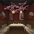 Traditional Japanese Restaurant Interior With Cherry Blossom Decor Hanging Lanterns Wooden Bar Counter And Lattice Ceiling