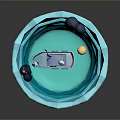 Creative 3D Artwork Featuring Blue Wave Base Small Boat Red Cross And Yellow Sphere