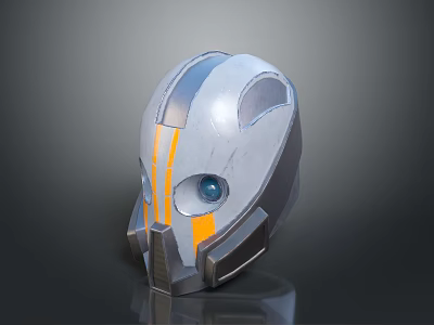 Sleek Futuristic Weapon Helmet With Silver Gray Finish Yellow Stripes And Blue Central Eye Component 3d model