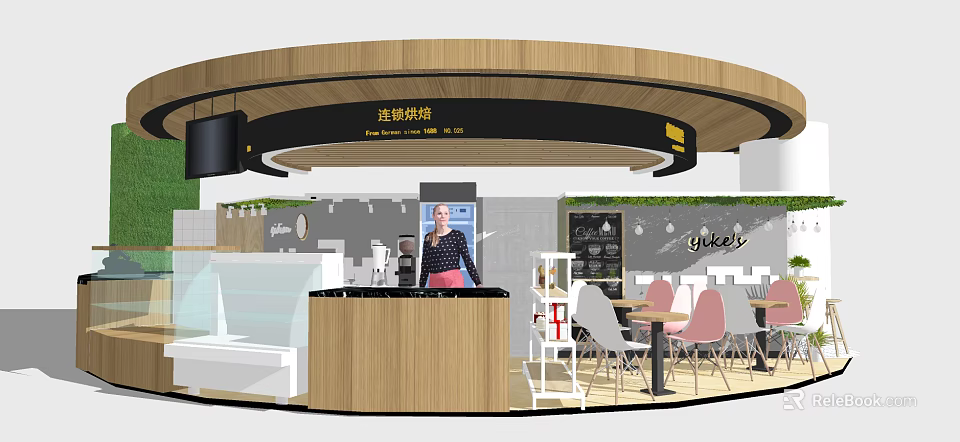 Cozy Dessert Shop Interior With Wooden Counter Tables And Chairs Menu Board 3d model 