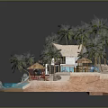 Cartoon Scenic Island Scene With Palm Trees House Swimming Pool Beach Sun Umbrella And Boat