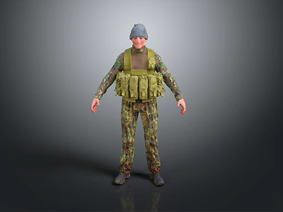 3D Military Figure Model In Camouflage Uniform With Tactical Vest And Gray Cap 3d model