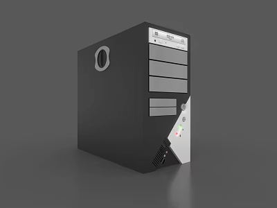 Black Computer PC Case with Front Panel Drive Bays Circular Logo and Bottom Ventilation Holes 3d model