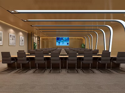 Modern Conference Room Interior Design With Long Table Chairs Decorative Paintings And Large Screen 3d model