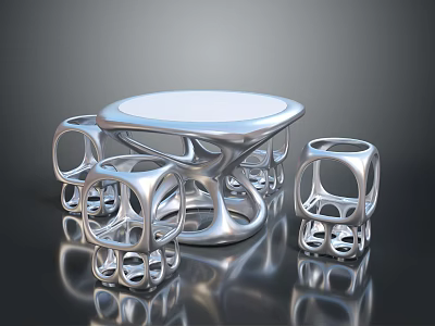 Silver Metallic Furniture Geometric Design Round Table Cube Stools With Hollow Out Sleek Surface 3d model
