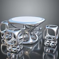Silver Metallic Furniture Geometric Design Round Table Cube Stools With Hollow Out Sleek Surface