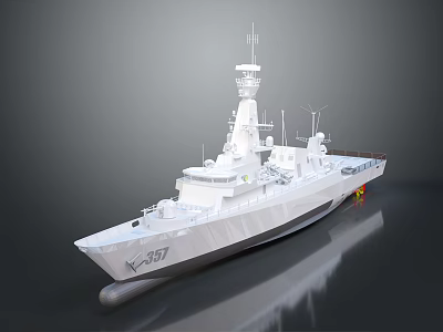 Modern White Naval Warship K787 with Superstructure Mast Radar and Water Reflection 3d model
