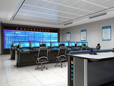 Modern Monitoring Room With Multiple Display Screens Control Desks And Workstations 3d model