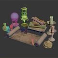 Magical Items Collection With Crystal Ball Hourglass Scrolls Candles Potion Bottles And Ancient Books