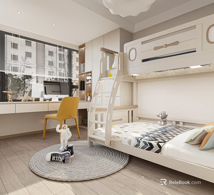 Kids Room Interior With Bunk Bed Desk Yellow Chair Rug And Toys 3d model 